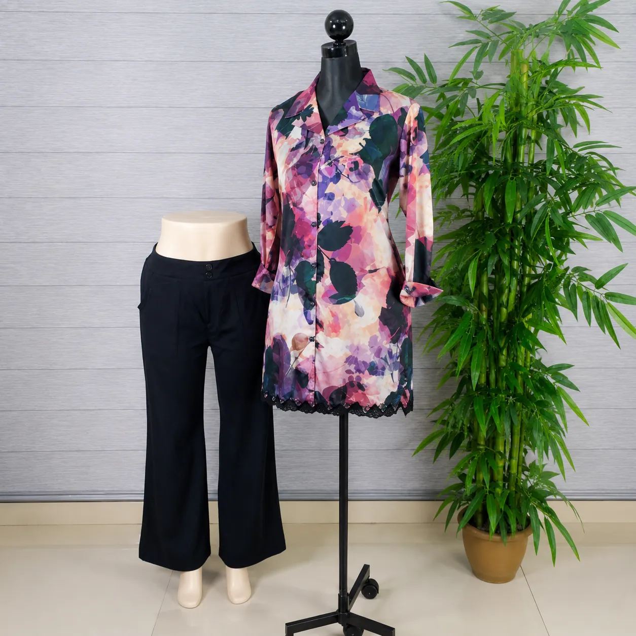 Women's Floral Print Longline Tunic with Black Pants